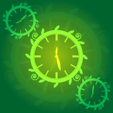 Green clock on green background Stock Illustration