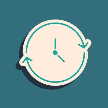 Green Clock icon isolated on green background. Time symbol. Long shadow style 스톡 일러스트