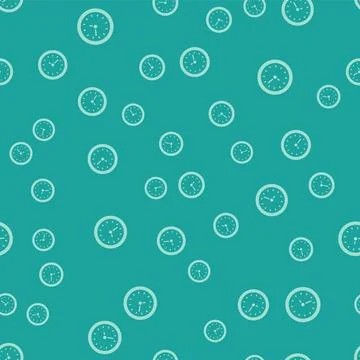 Green Clock icon isolated seamless pattern on green background. Time symbol.. 스톡 일러스트