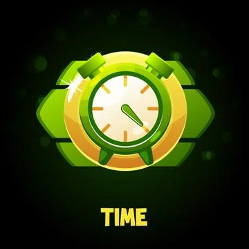 Green clock icon with time, badge for game. Stock Illustration