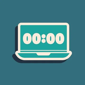 Green Clock on laptop screen icon isolated on green background. Schedule conc Stockillustratie