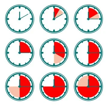 Green clock vector icons with red minutes charts. Stock Illustration