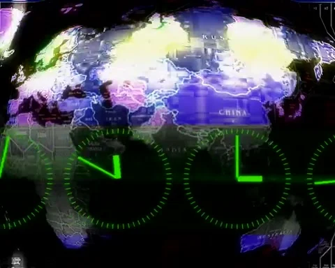 Green clock's moving on world map background Stock Footage 254568948