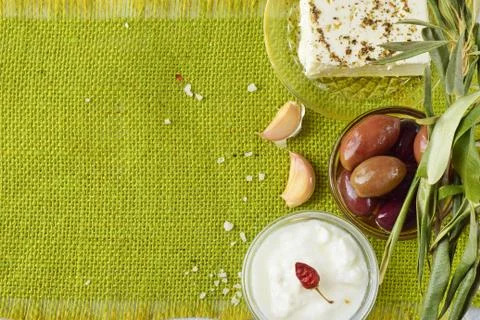 Green cloth background with space for a text. Traditional Mediterranean motive Stock Photos