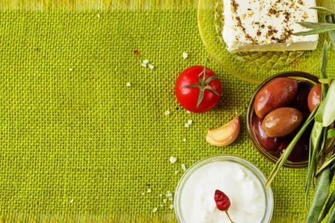 Green cloth background with space for a text. Traditional Mediterranean motive Stock Photos