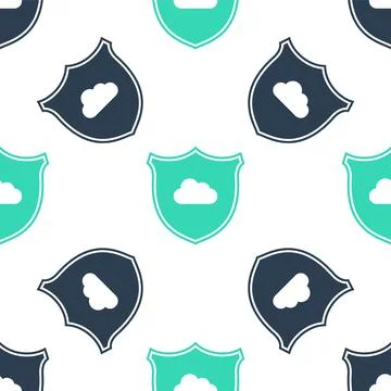 Green Cloud and shield icon isolated seamless pattern on white background. Cloud Stock Illustration