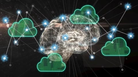 Green cloud appearing, wireframe brain connecting to clouds with pulsing nodes, Stock Footage 334788391