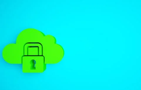 Green Cloud computing lock icon isolated on blue background. Security, safety Stock Illustration