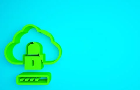 Green Cloud computing lock icon isolated on blue background. Security, safety 스톡 일러스트