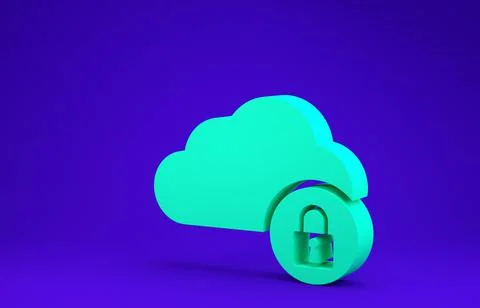 Green Cloud computing lock icon isolated on blue background. Security, safety Stock Illustration