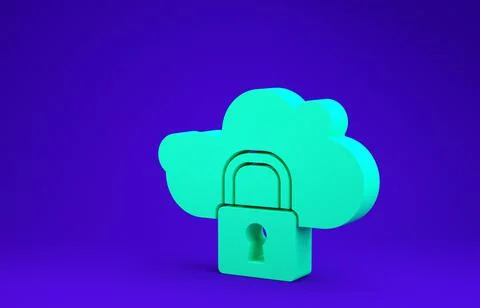 Green Cloud computing lock icon isolated on blue background. Security, safety Stock Illustration
