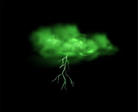 Green cloud with lightning strikes thundercloud, vector realistic storm cloud Stock Illustration