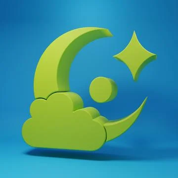 Green Cloud with moon icon isolated on blue background. Cloudy night sign. .. Stock Illustration