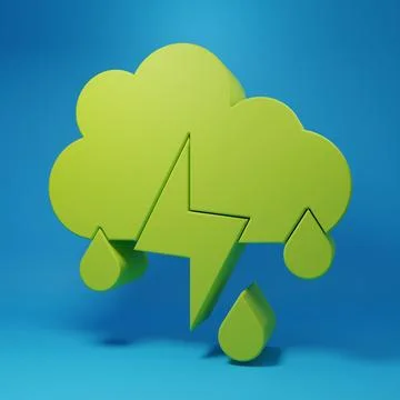 Green Cloud with rain and lightning icon isolated on blue background. Rain .. Stockillustratie