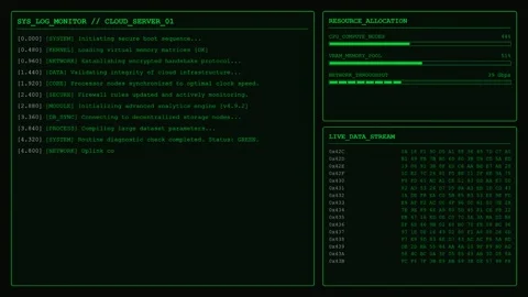 Green Cloud Server System Log Monitor With Resource Allocation And Live Data Str Stock Footage 348473975