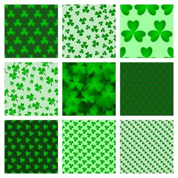 Green clover leaves seamless patterns set. Abstract geometric backgrounds. .. Stock Illustration