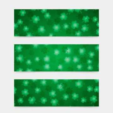 Green clover leaves vector background. Set of 3 banners for St. Patricks Day. Stock Illustration