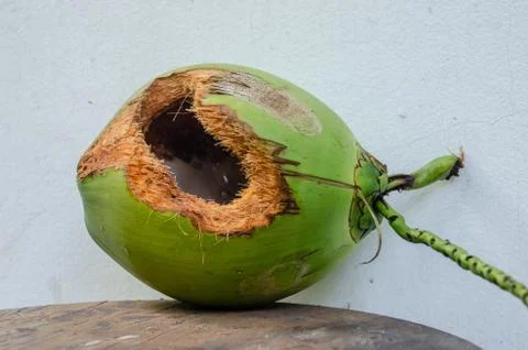 Green coconut with hole on table Stock Photos