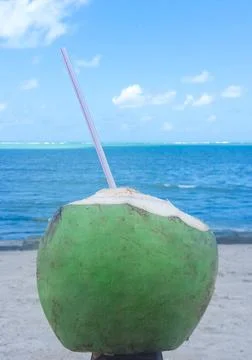 Green coconut with a straw, against the backdrop of the blue sea and sand, Stock Photos