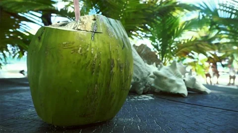 Green coconut on the table Stock Footage 47784521