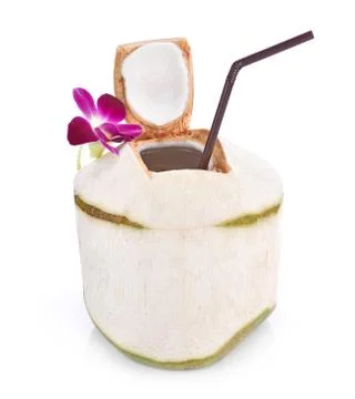 Green coconuts with drinking straw isolated, clipping path Stock Photos