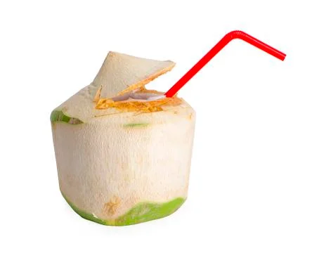 Green coconuts with drinking straw isolated Stock Photos