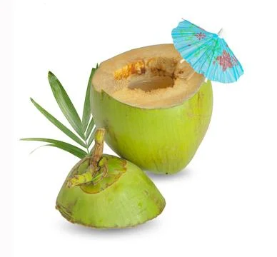 Green coconuts with drinking straw isolated on white background Stock Photos