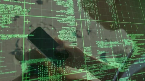Green code and data processing animation over person using smartphone Stock Footage 330337298