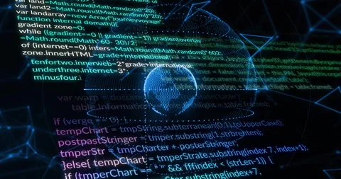 Green code appearing above 3D rotating globe driving magenta calls scrolling Stock Footage 312639544