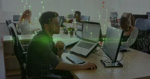 Green code appearing and rising, causing man leaning and typing on laptop Stock Footage 333830154