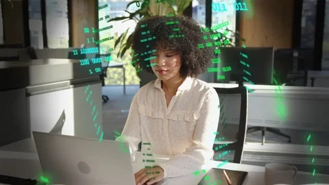 Green code appearing woman typing reaching shifting tablet picking papers Stock Footage 333351342