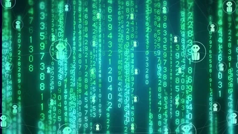 Green code cascading causing nodes glowing and links pulsing while camera Stock Footage 334337744