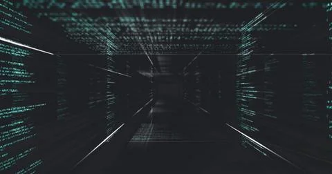 Green code cascading down screens in dark corridor, forming a matrix-like tunnel Stock Photos