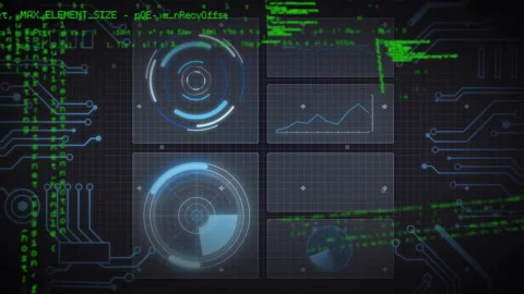 Green code cascading over grid initiating circular scans rotating while panels Stock Footage 315788495