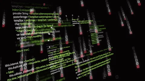 Green code clusters and streaming binary digits creating immersive depth in Stock Footage 309111503