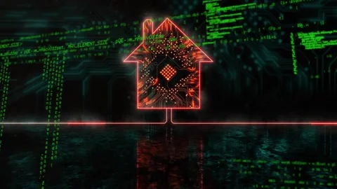 Green code columns appearing and sweeping left, neon house icon pulsing lights, Stock Footage 328446354