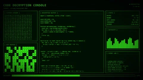 Green Code Decryption Console Cipher Stream Key Matrix Decrypted Output. Stock Footage 347789074