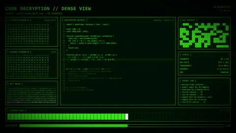 Green Code Decryption Dense View Bit Rain Segment Map Vault Console. Video stock 347789072