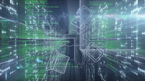 Green code flowing, cloud appearing, devices orbiting and syncing, showing data Stock Footage 321070676
