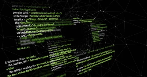 Green code fragments appearing at wireframe mesh and spiraling toward void Stock Footage 312657286