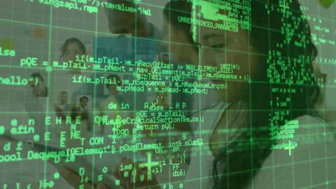 Green code grid obscuring, team collaborating, woman developer scrolling tablet, Stock Footage 310283048