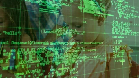 Green code grid shifting, obscuring faces and revealing two girls tapping Stock Footage 331269923