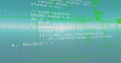 Green code lines are running on computer screen, showing programming work Stockfoto's