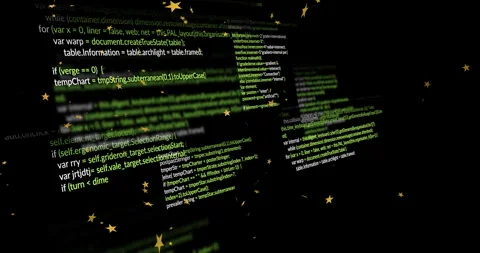 Green code lines with floating stars animation on black background Stock Footage 304761307