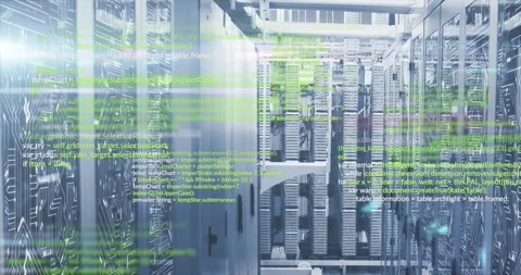 Green code lines flowing across racks, fading into scrolling overlay Stock Footage 329699616