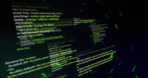 Green code lines initiating red and teal particles swirling around panels, Stock Footage 312481863