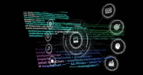 Green code lines starting scrolling, HUD pulsing, rotating, icons glowing to Stock Footage 318194835