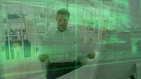 Green code overlay appearing and scrolling, man holding plan and inspecting Stock Footage 331833335
