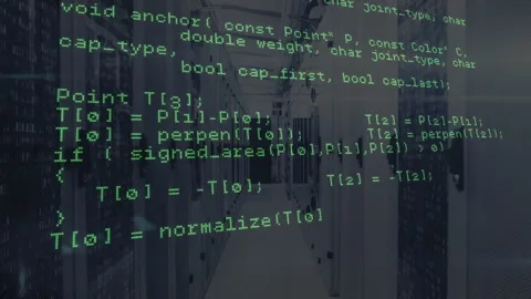 Green code overlay appearing over data corridor and expanding down showing Stock Footage 313493068