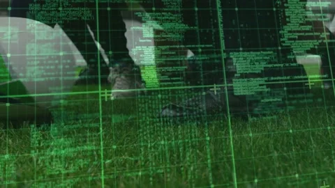 Green code overlay appearing on turf, then players trapping and kicking ball 스톡 동영상 330297236